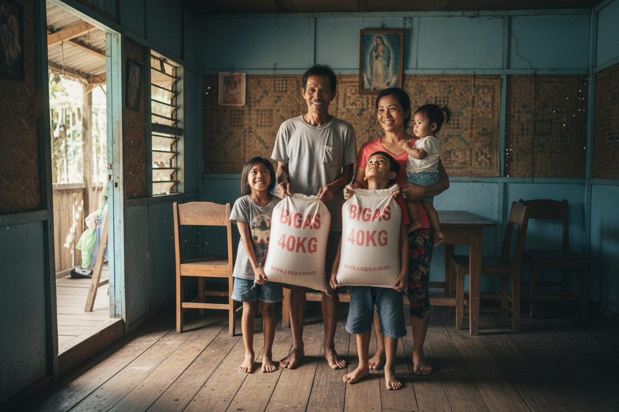 A poor philippines family being given two 40lb bags of rice as a donation, and being very thankful